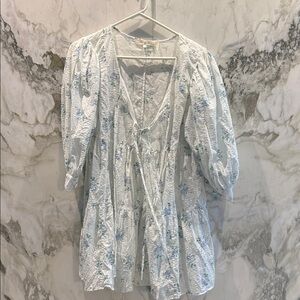 LoveShackFancy White Dress with Blue Floral Pattern